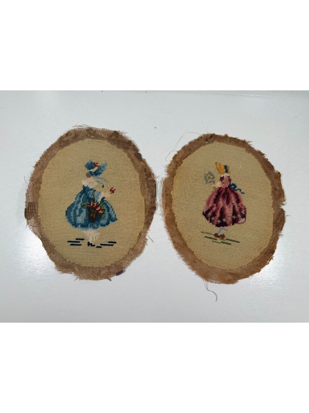 Vintage 2 Needlepoint Oval Victorian Dressed Ladies Bonnets Basket Flowers 10x8"